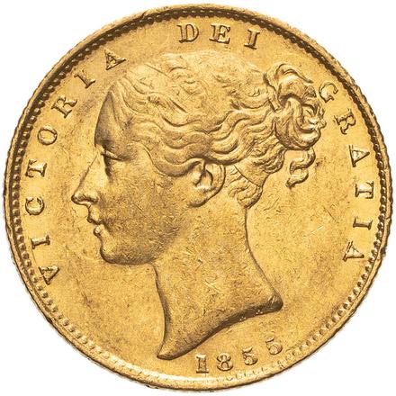 1855 Victoria Shield Sovereign with WW Incuse